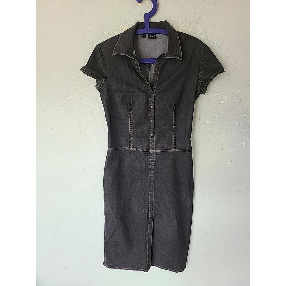 MANGO LONG COLLARED SHORT SLEEVE LIGHTWEIGHT BLACK DENIM STRETCH DRESS SIZE 10
